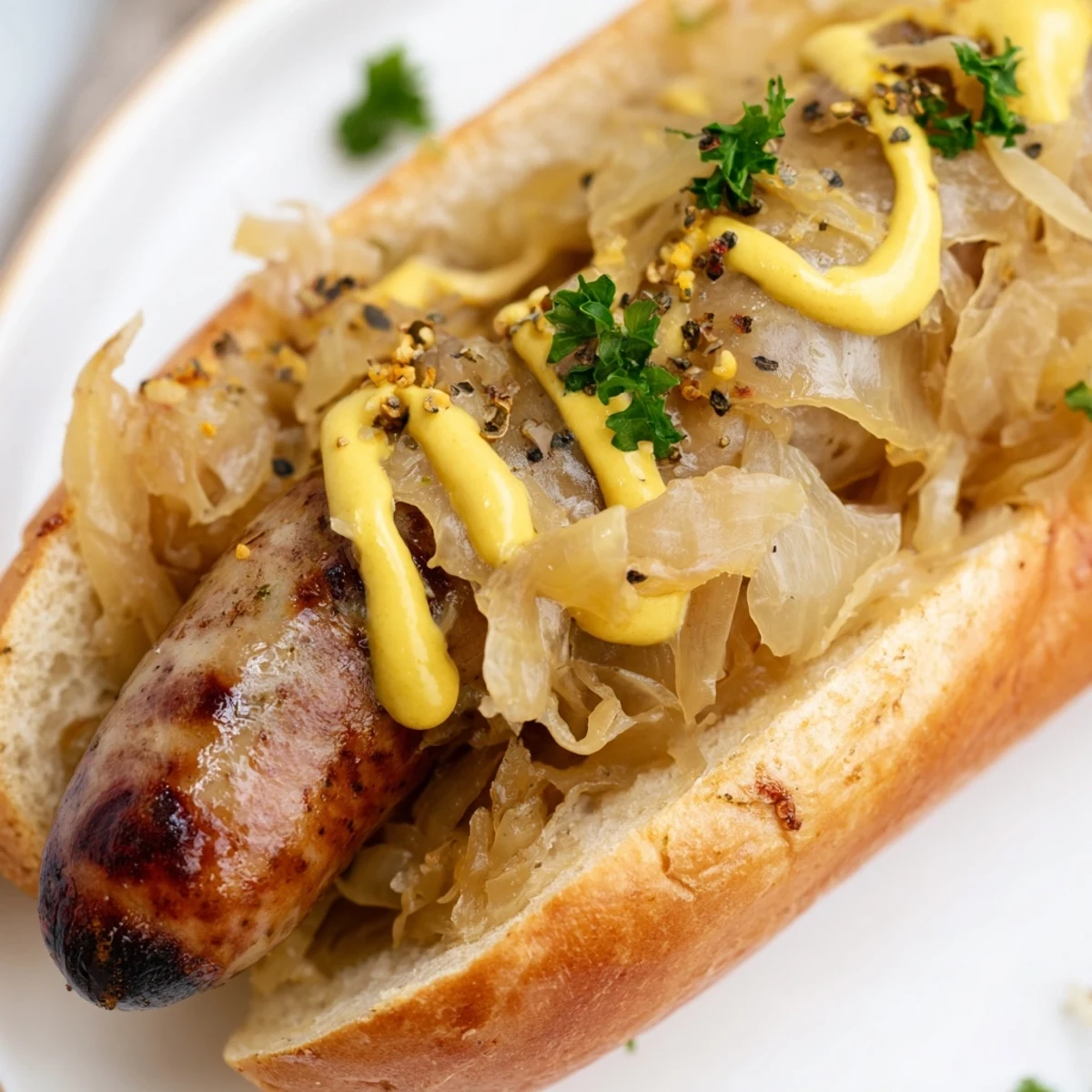 A hearty tailgate bratwurst with sauerkraut served on a checkered picnic blanket, ready for a game day crowd.