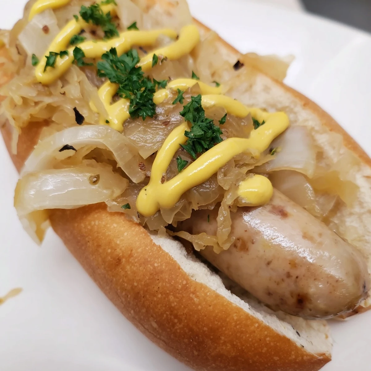 Juicy grilled halal bratwurst topped with warm, savory sauerkraut and a drizzle of yellow mustard in a soft toasted bun.