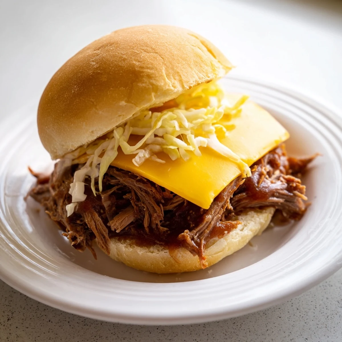 Savory MVP Beef Brisket Sliders with BBQ Sauce are piled high on soft buns, with tangy sauce dripping over tender shredded meat ready to serve.
