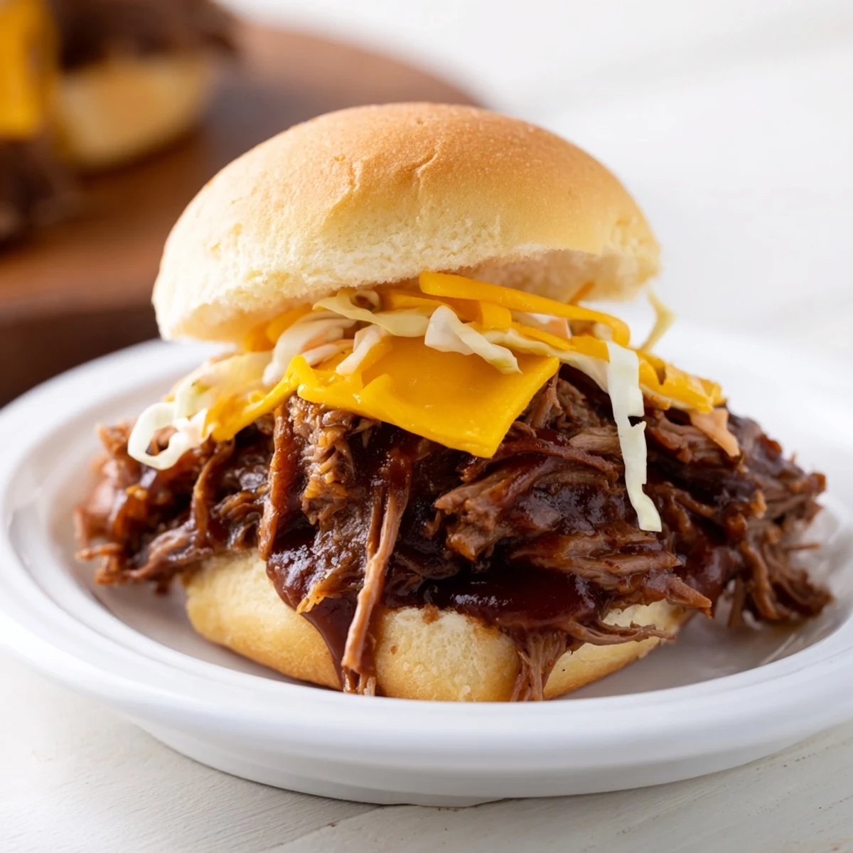 Tender MVP Beef Brisket Sliders with BBQ Sauce are arranged on a platter, garnished with pickles and extra sauce, ideal for casual gatherings and parties.
