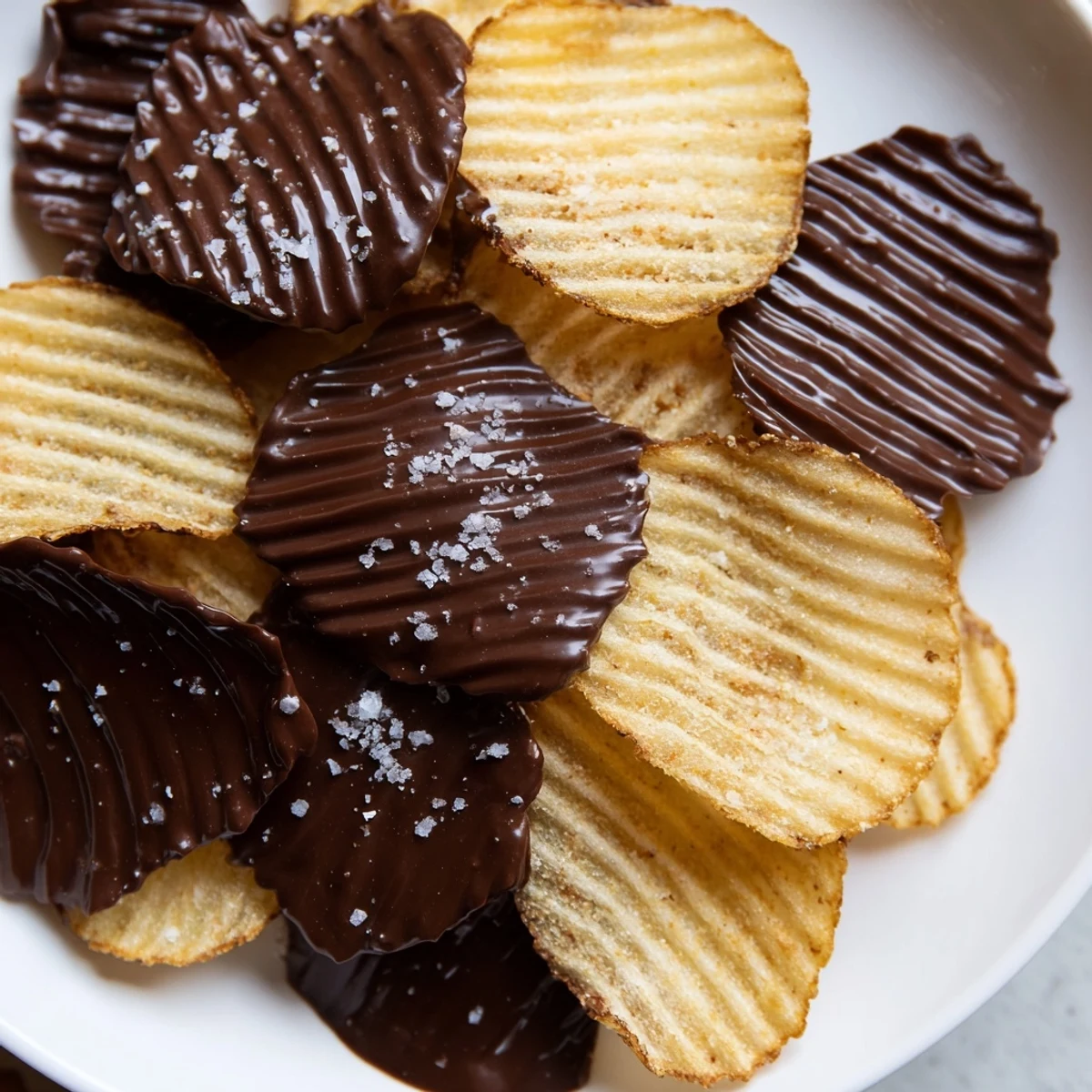 Homemade Chocolate Covered Potato Chips on a platter, half-dipped in glossy dark chocolate, sprinkled with flaky sea salt.