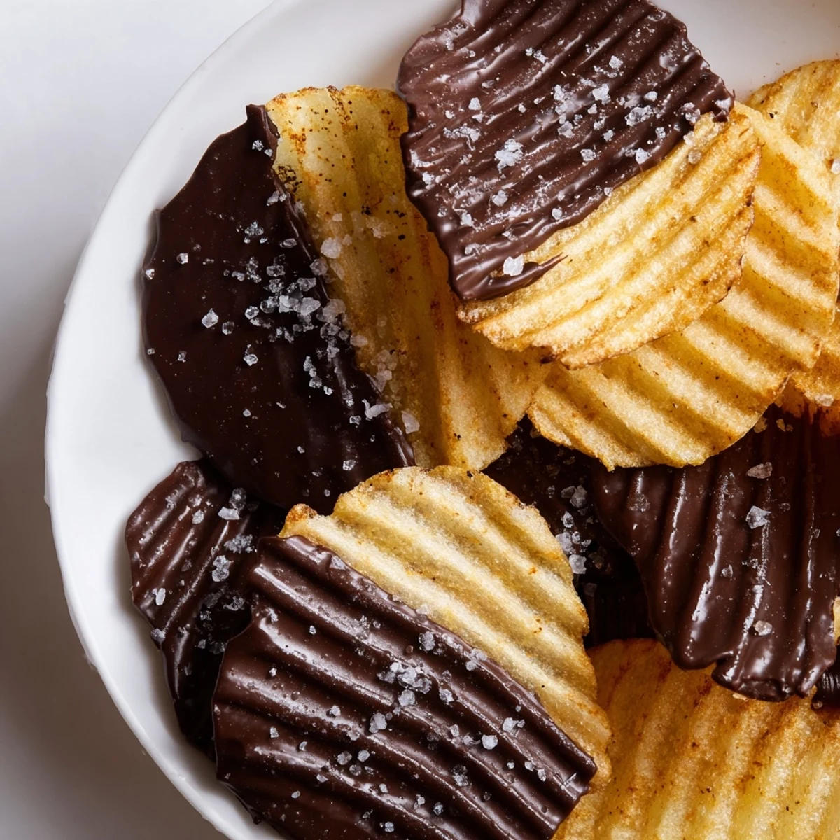 Crisp ridged potato chips dipped in melted chocolate, arranged on parchment paper with chopped nuts for extra crunch.