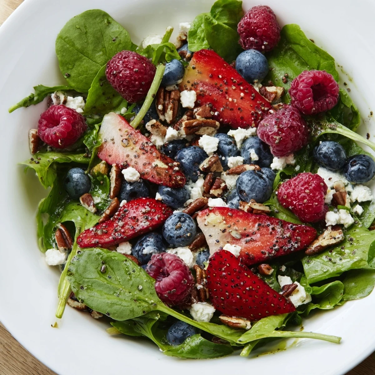 Fresh Sweetheart Berry Salad with Poppy Seed Dressing in a white bowl, mixed greens and colorful berries tossed with creamy feta.