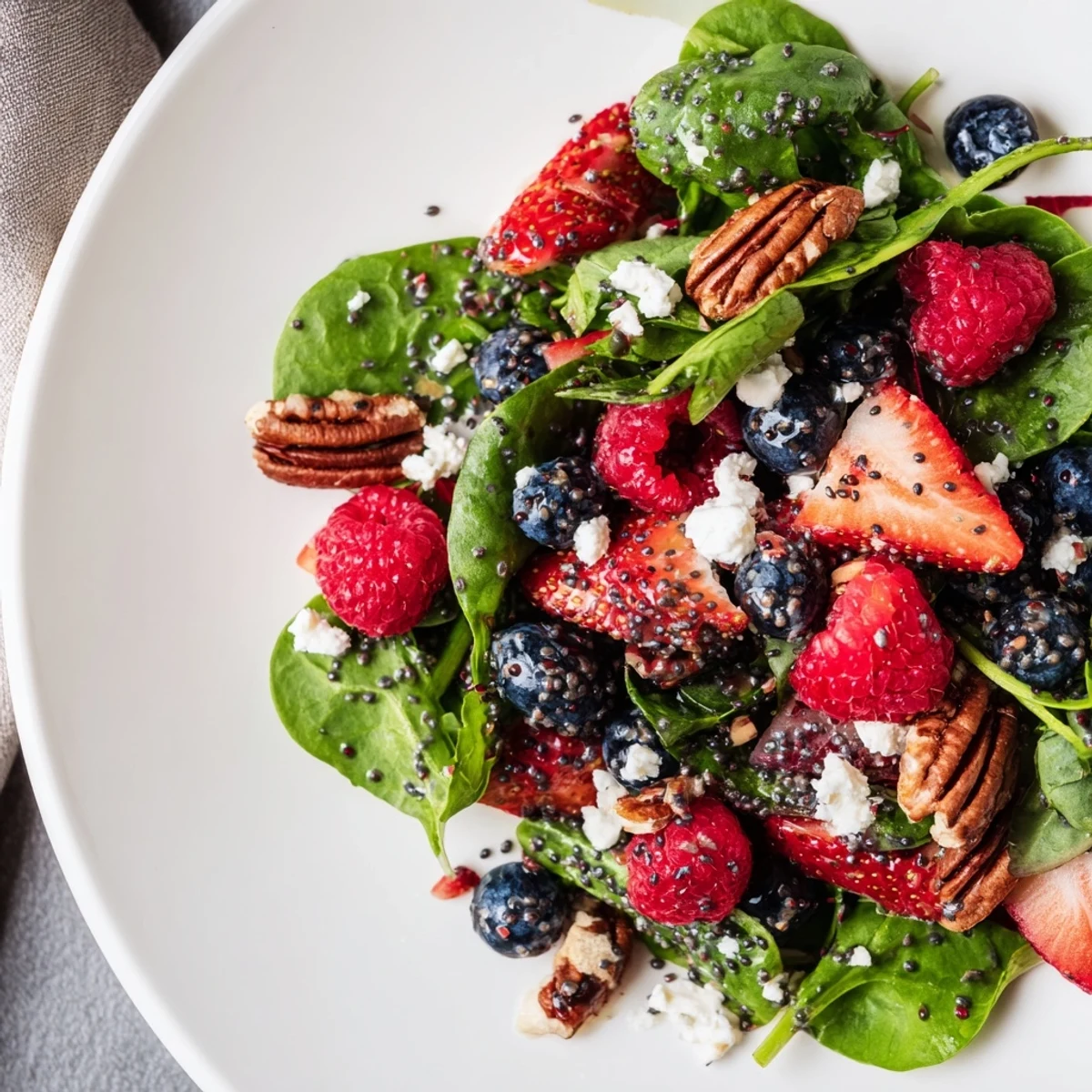 Sweetheart Berry Salad with Poppy Seed Dressing topped with toasted pecans, drizzled dressing on rustic wood, perfect for romantic dinner.