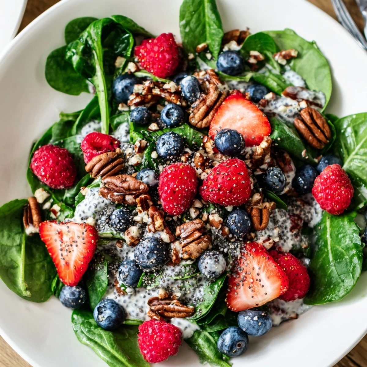 Close up of Sweetheart Berry Salad with Poppy Seed Dressing, strawberries, blueberries, and raspberries on greens, ready to serve with wine.