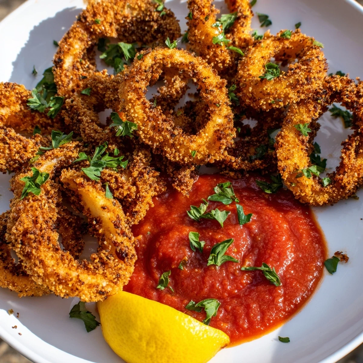 Golden-brown Big Game Crispy Calamari with Marinara arranged on a platter with fresh lemon wedges and parsley garnish.