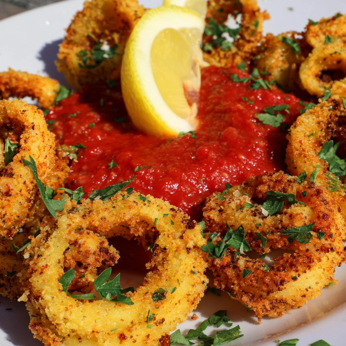 Platter of Big Game Crispy Calamari with Marinara, featuring crunchy fried rings and a bowl of rich red sauce.