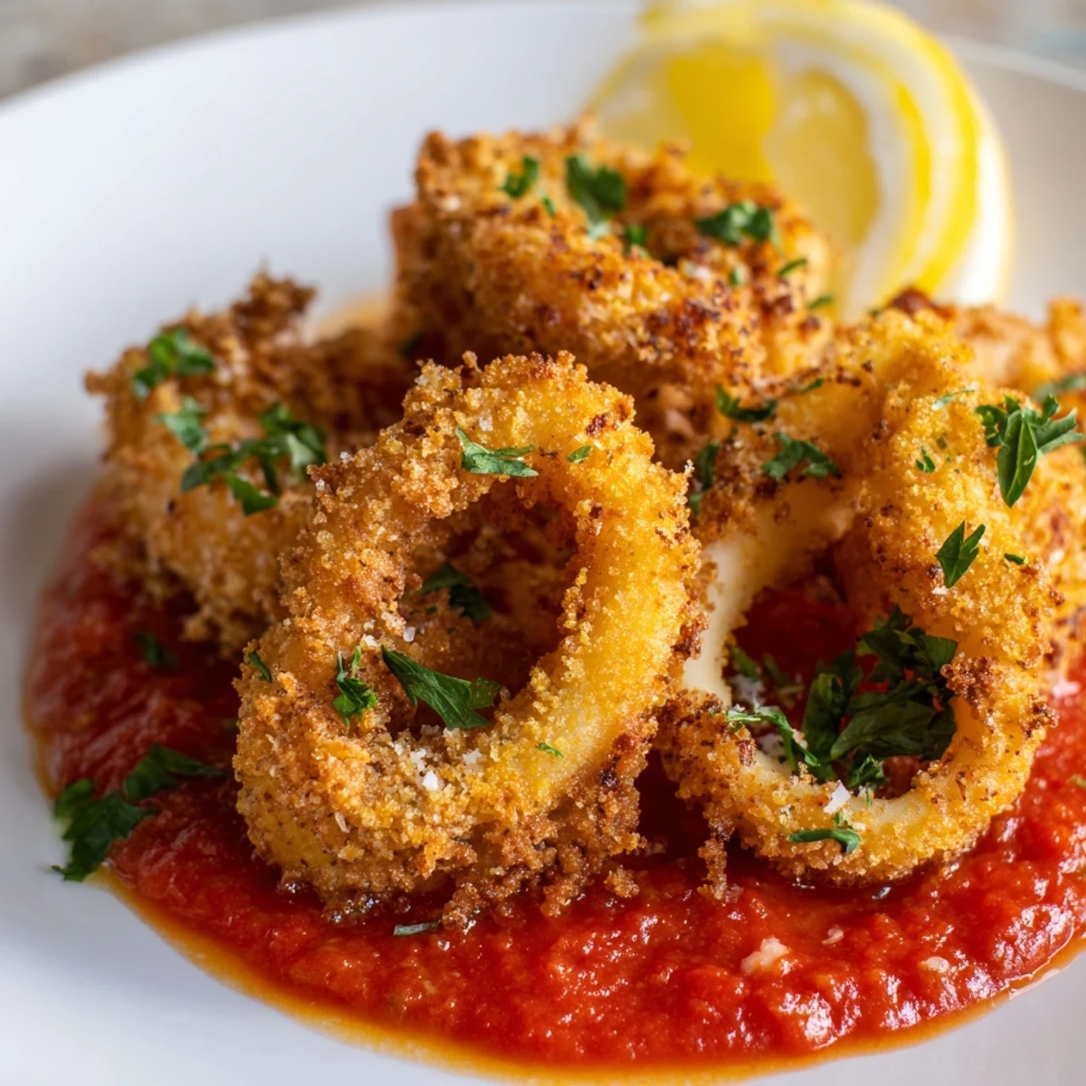 Freshly fried Big Game Crispy Calamari with Marinara served alongside vibrant lemon wedges for a zesty appetizer.