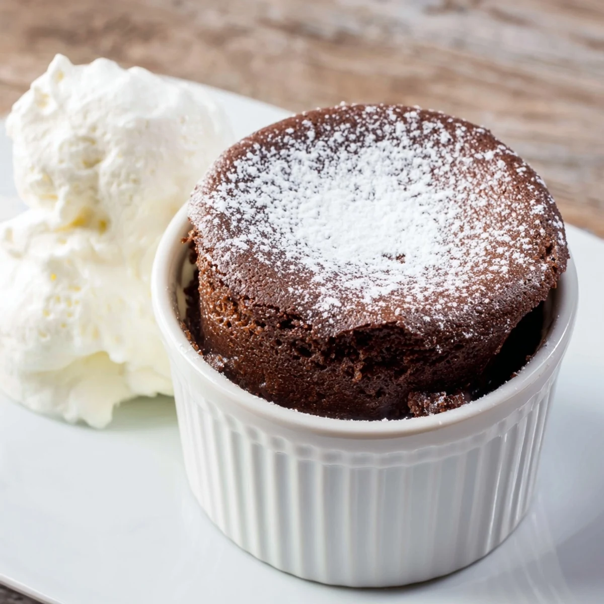 Golden-brown Romantic Chocolate Soufflé with Cream rising from a ramekin, served warm with a dollop of whipped vanilla cream on top.
