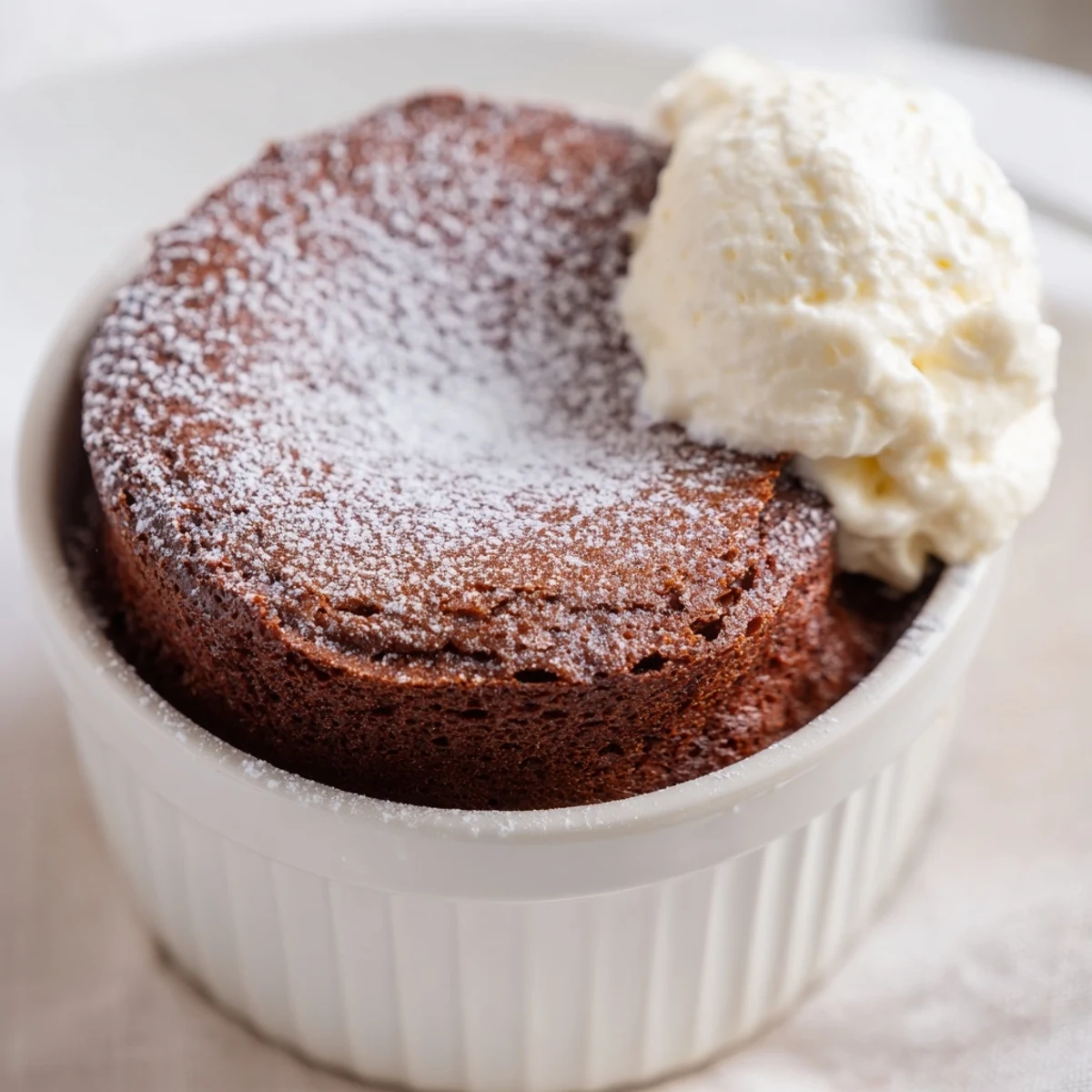 Freshly baked Romantic Chocolate Soufflé with Cream with a tender center, presented on a rustic plate next to fresh strawberries.