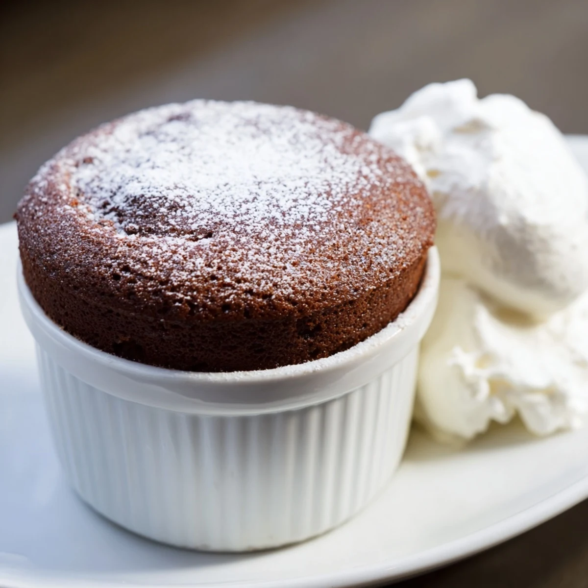 Close-up view of Romantic Chocolate Soufflé with Cream, featuring a delicate, airy chocolate texture and a luscious dollop of vanilla cream.