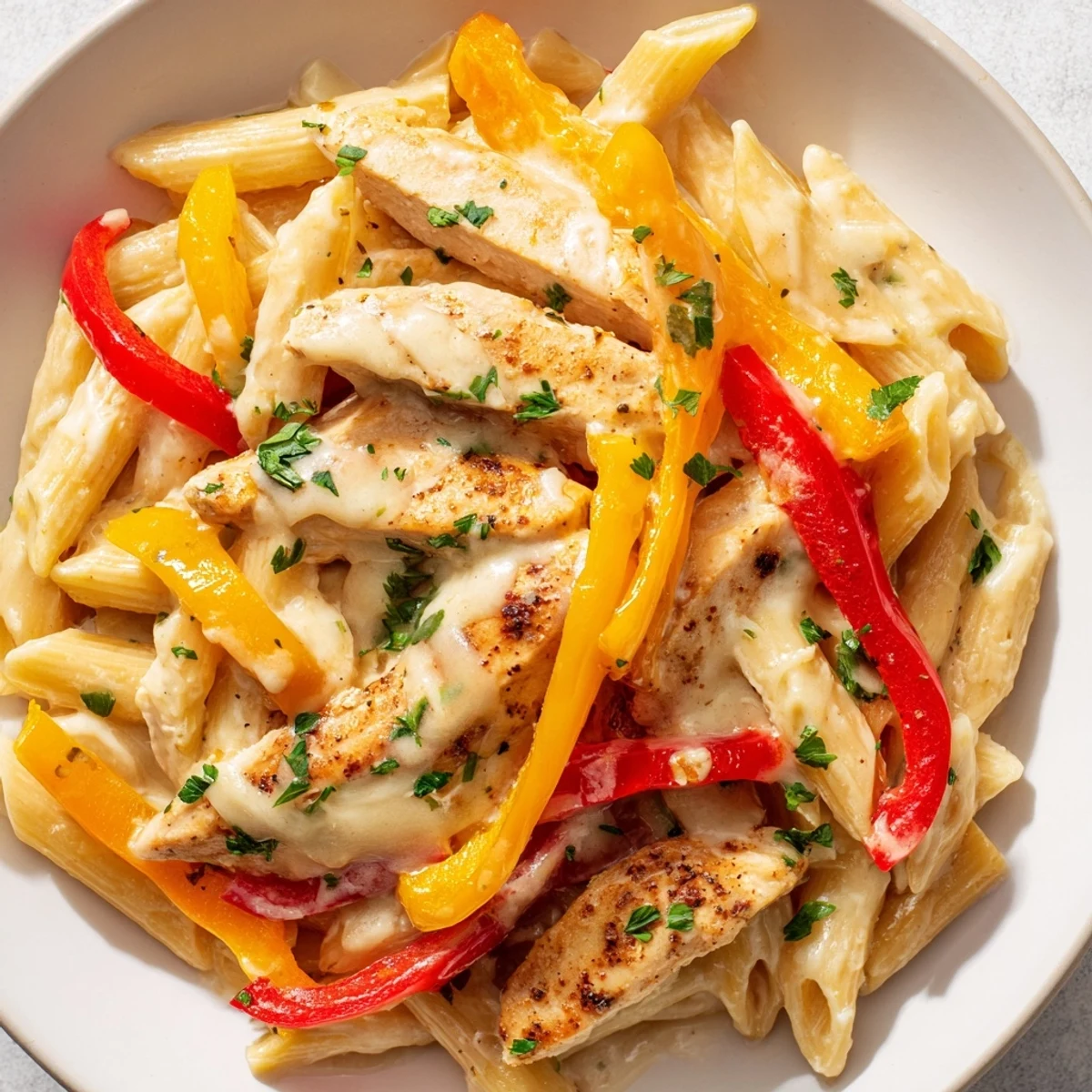 Cajun Chicken Pasta with Cream Sauce served in a white bowl with fresh parsley and extra Parmesan.