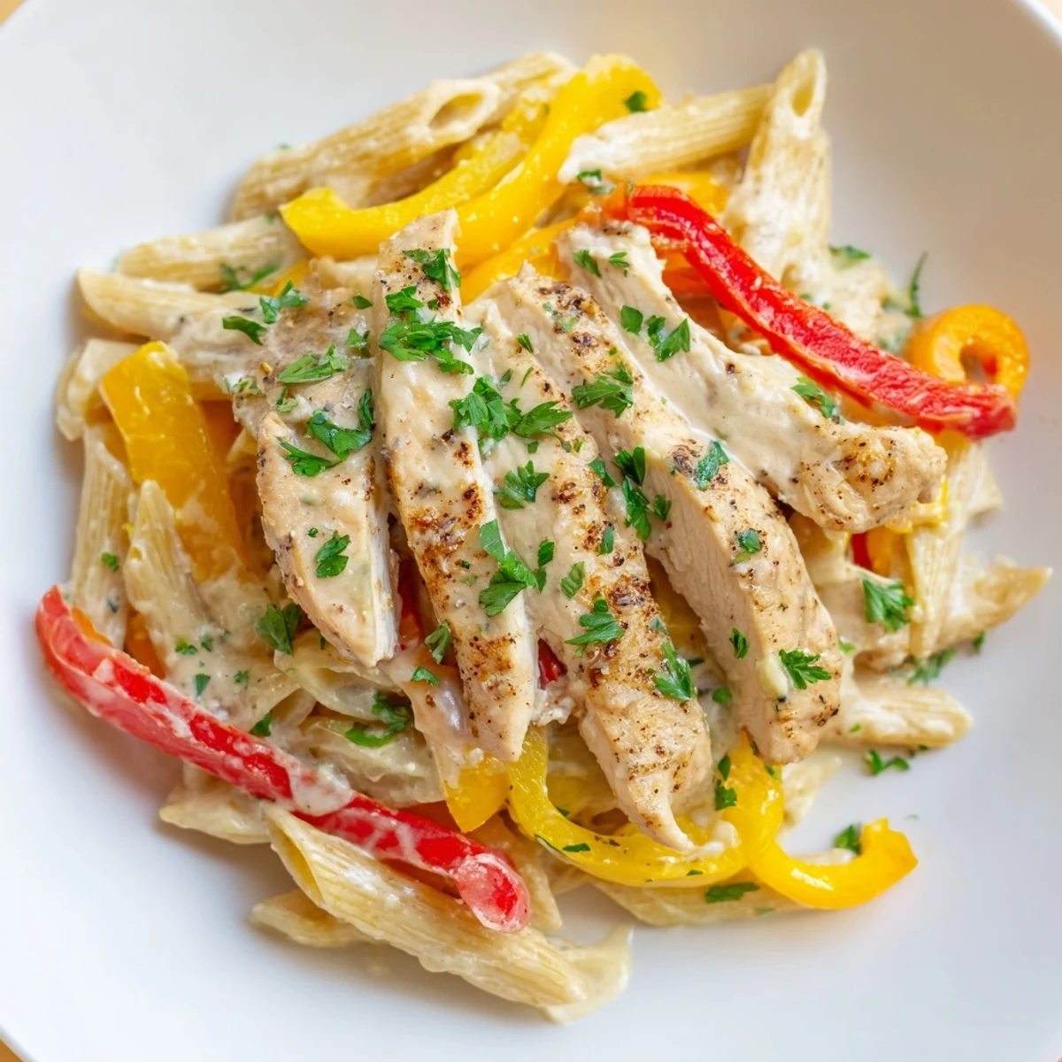 Fork twirling Cajun Chicken Pasta with luscious Parmesan cream sauce and sautéed peppers.