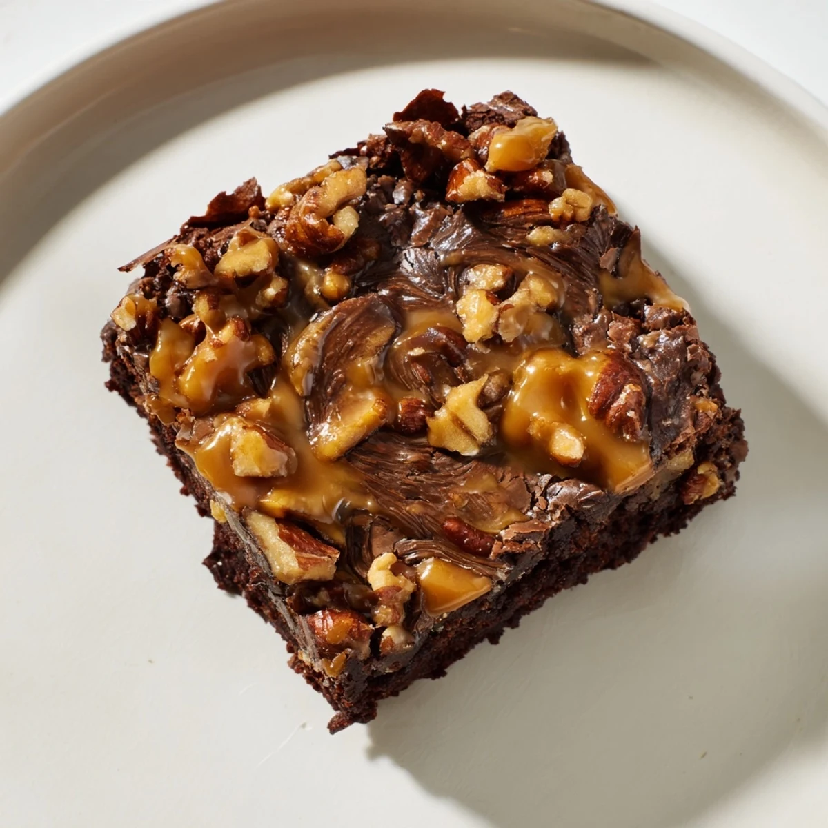 Glossy praline sauce drips down the side of a warm New Orleans Praline Brownie beside a scoop of vanilla ice cream.