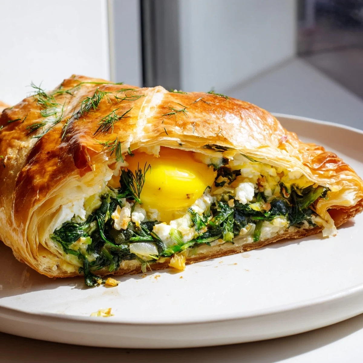 Golden-baked Green Spinach and Feta Puff Pastry with flaky layers is sliced on a rustic wooden board.