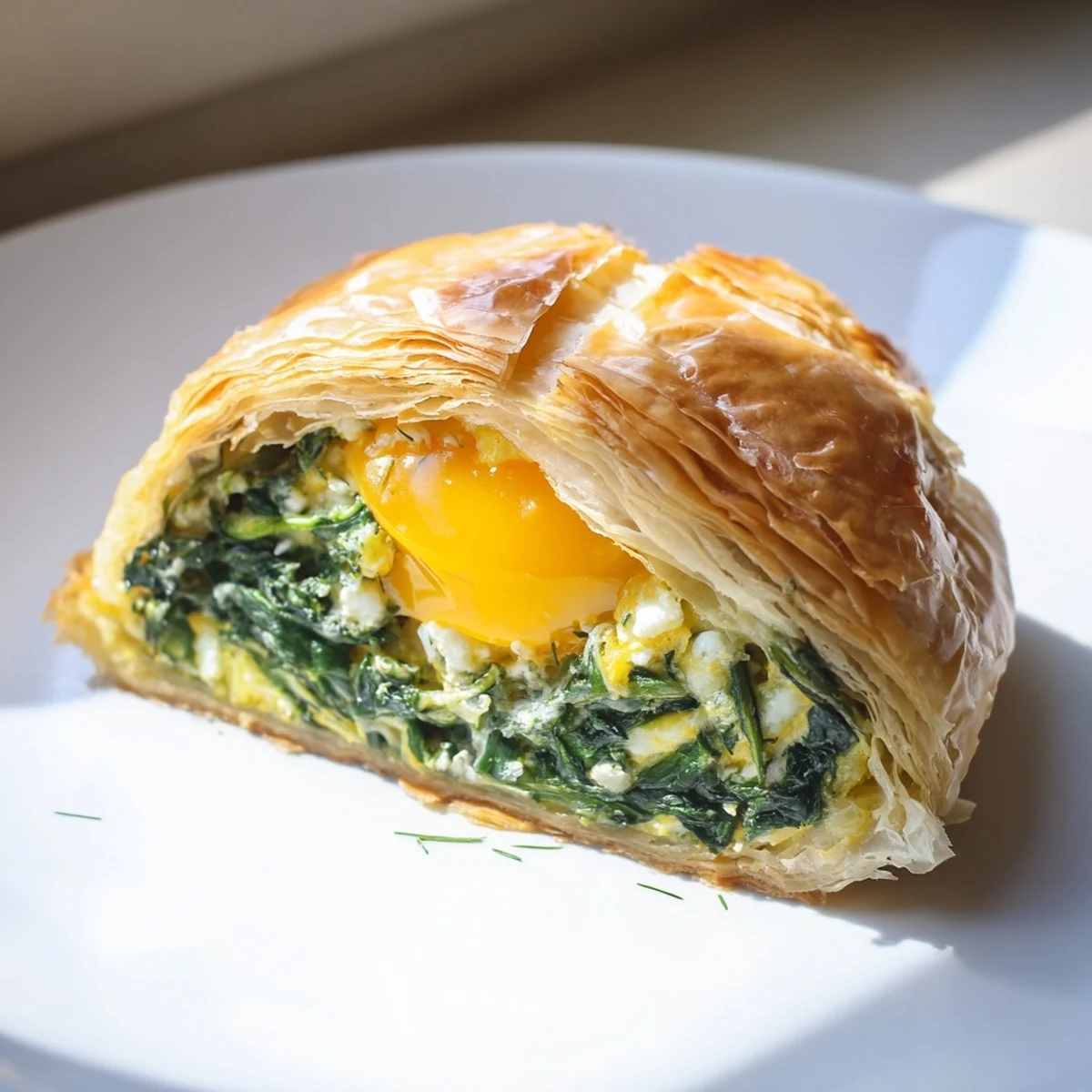 Golden-baked Green Spinach and Feta Puff Pastry is served warm with a fresh salad and creamy tzatziki.