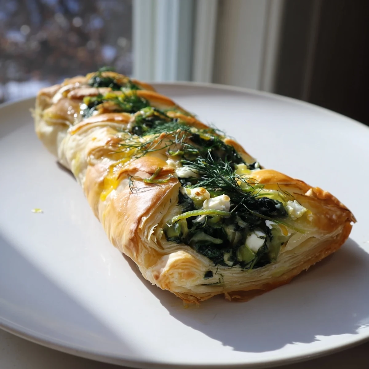 Freshly baked Green Spinach and Feta Puff Pastry displays a crispy crust stuffed with vibrant greens.