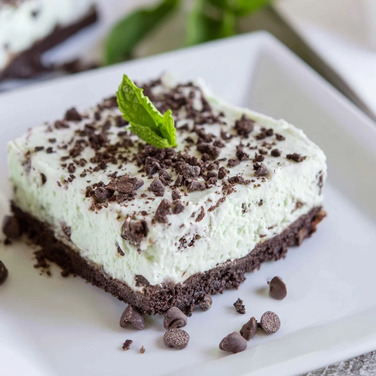 Mint Chocolate Chip Cheesecake Bars on a white plate with a fresh mint leaf garnish, ideal for an indulgent American dessert.  