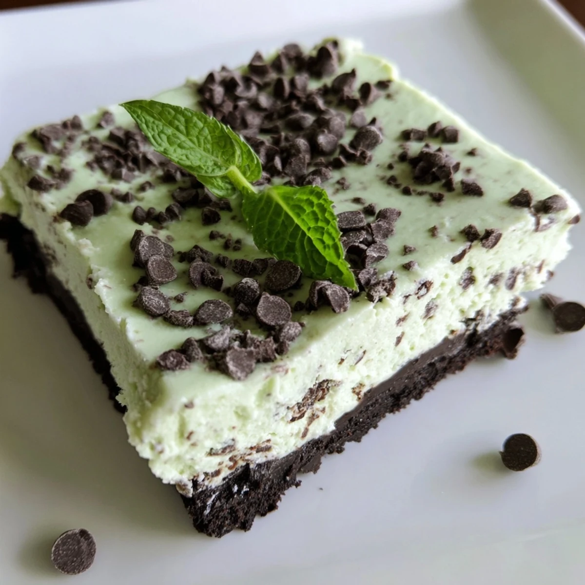 Chilled Mint Chocolate Chip Cheesecake Bars showing a smooth, minty texture and chocolate chunks, perfect for a refreshing treat.