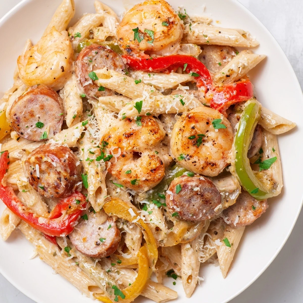 Steaming penne pasta coated in a creamy Cajun sauce, mixed with shrimp and sliced turkey sausage, garnished with parsley.