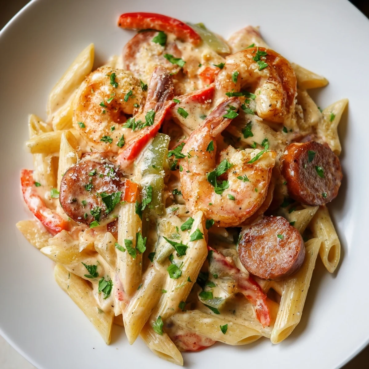 A skillet of Creamy Cajun Shrimp and Turkey Sausage Pasta tossed with shrimp, sausage, peppers, and a rich, velvety sauce.