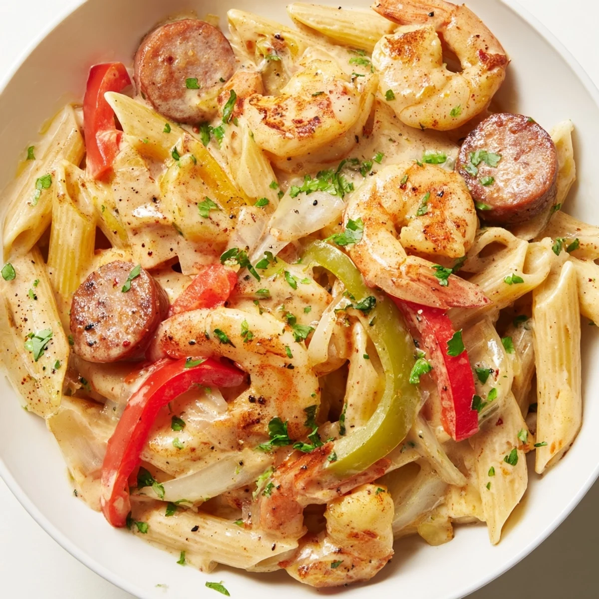 Creamy Cajun Shrimp and Turkey Sausage Pasta served hot with bell peppers and Parmesan, ready to enjoy for dinner.