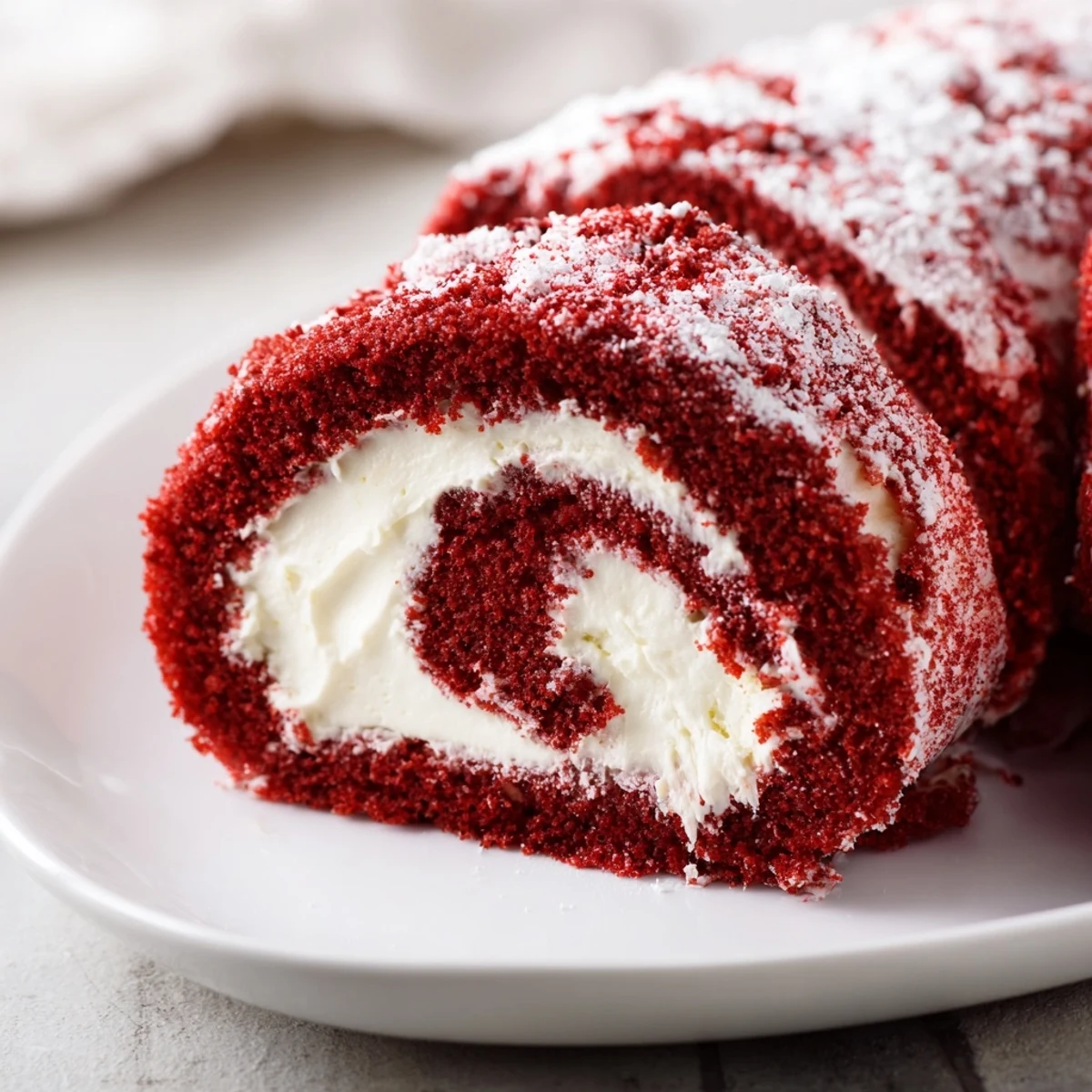 A freshly sliced Red Velvet Cake Roll with Cream Cheese Filling shows a moist red crumb and creamy white center, perfect for holiday parties.