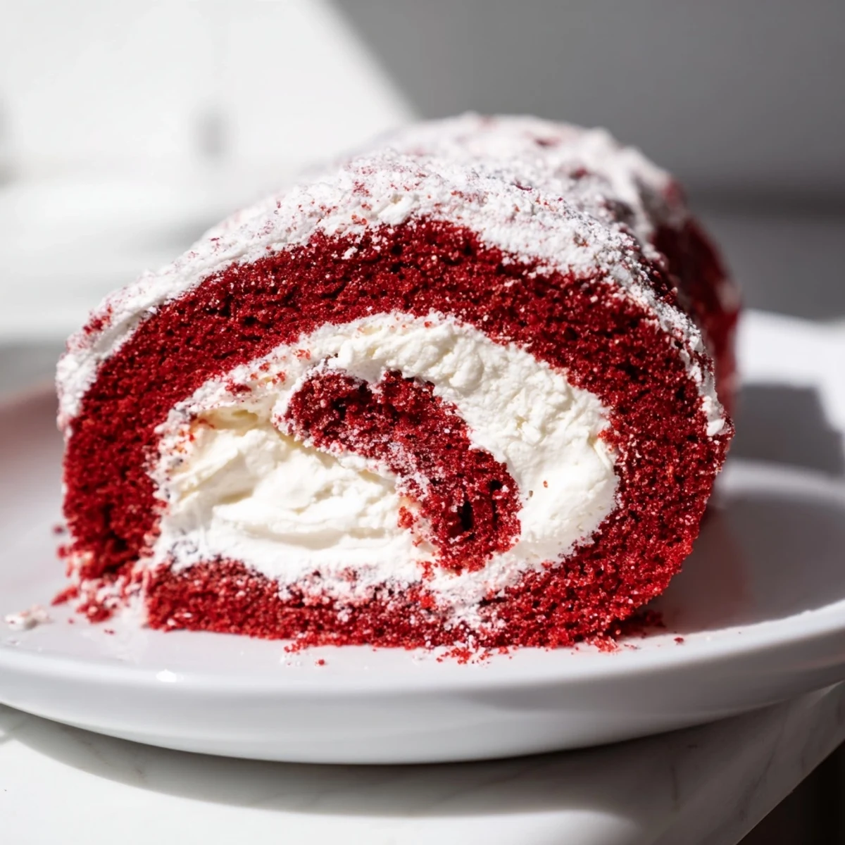 A close-up of Red Velvet Cake Roll with Cream Cheese Filling highlights the rich, tangy filling swirled inside the vibrant red velvet sponge.