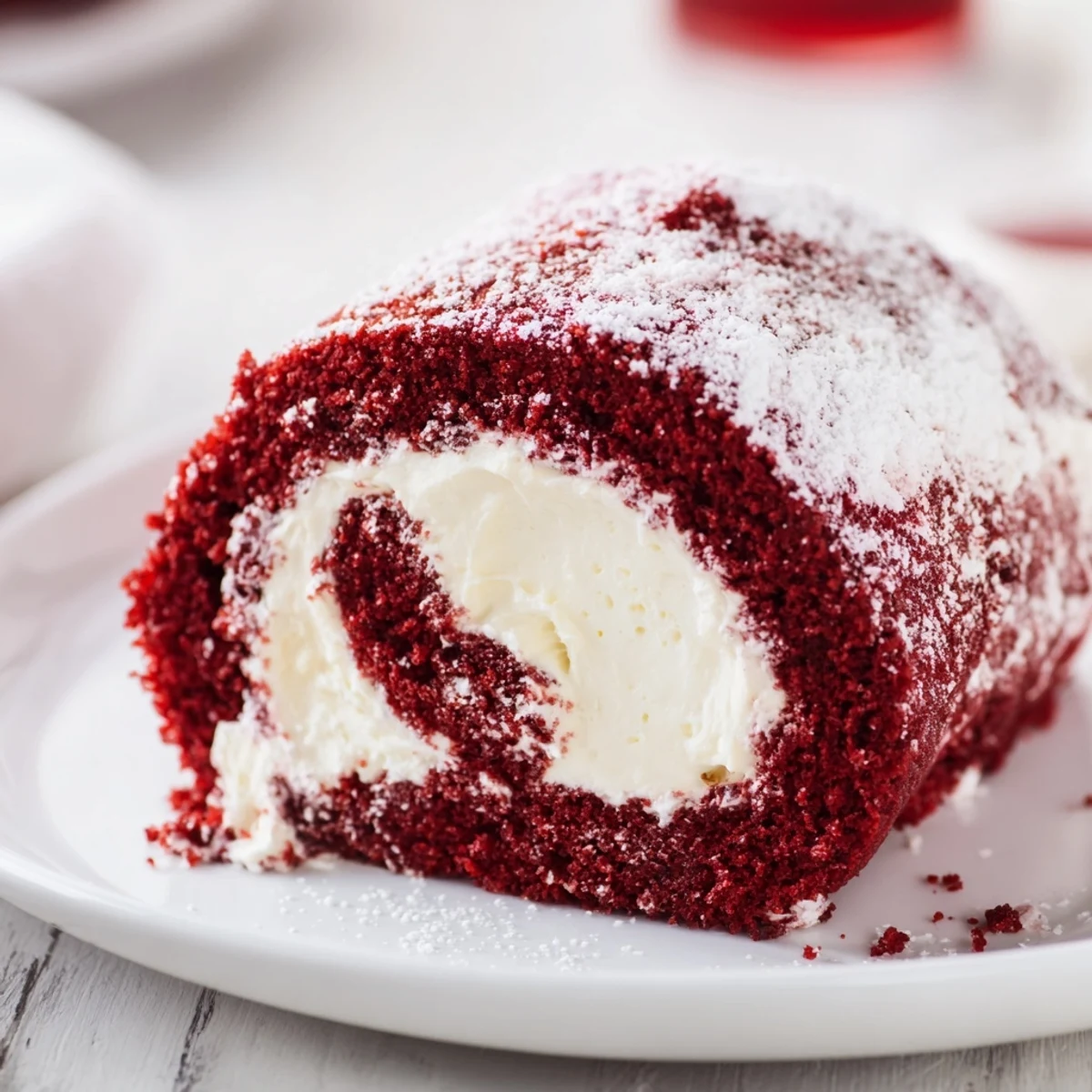 Overhead view of Red Velvet Cake Roll with Cream Cheese Filling, dusted with powdered sugar, served on a white plate for a festive dessert spread.