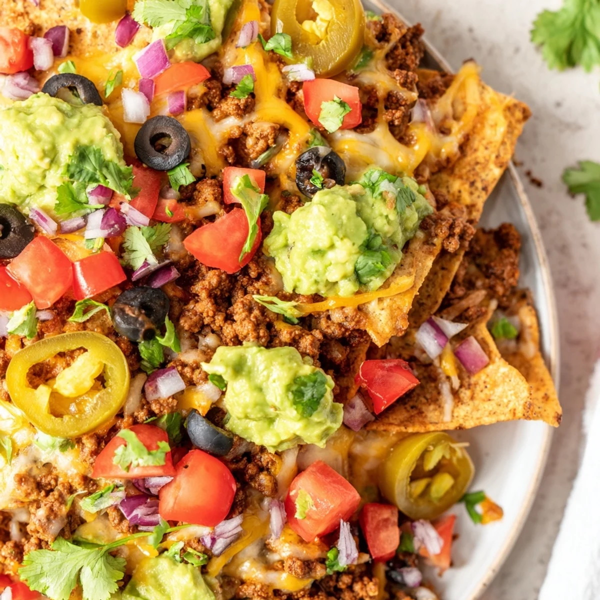 Golden-brown Spicy Beef Nachos Supreme with melted cheese, black beans, and fresh pico de gallo, ready to be served with creamy guacamole.  