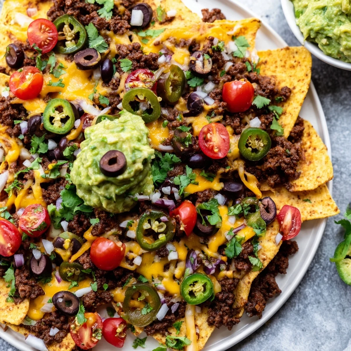 A skillet of hot Spicy Beef Nachos Supreme topped with fresh cilantro and tomatoes, served alongside a bowl of chunky guacamole.