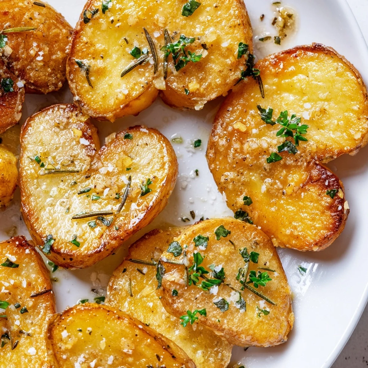 Golden-brown, heart-shaped potatoes roasted with garlic, rosemary, and thyme on a rustic serving platter.