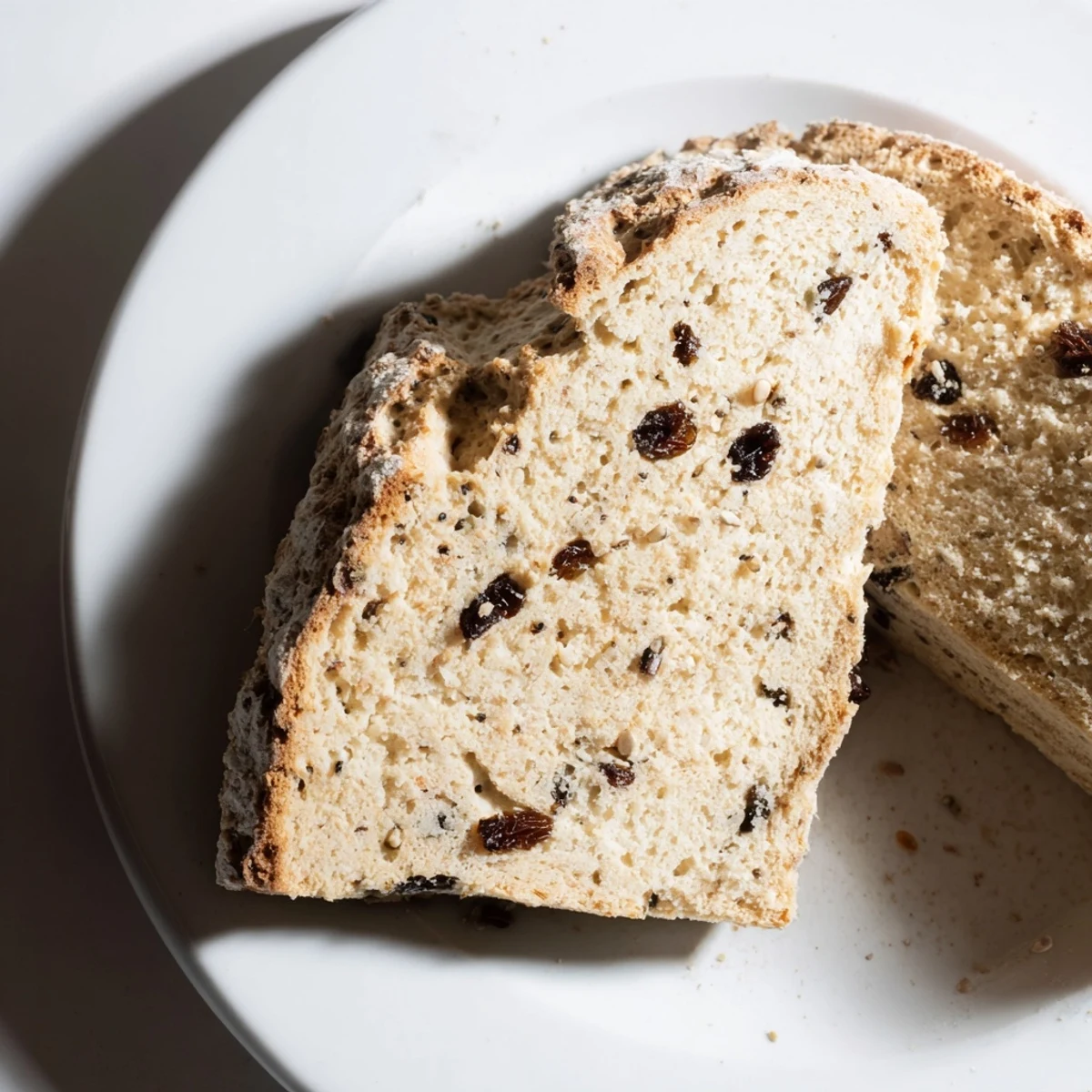 Rustic Irish Soda Bread with Currants and Caraway, sliced to reveal a moist crumb, served warm with a pat of butter.