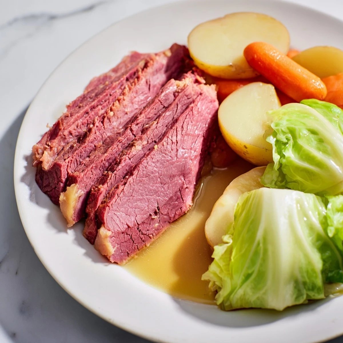 A platter of Slow Cooked Corned Beef Brisket with Cabbage, garnished with fresh parsley and accompanied by grainy mustard for dipping.