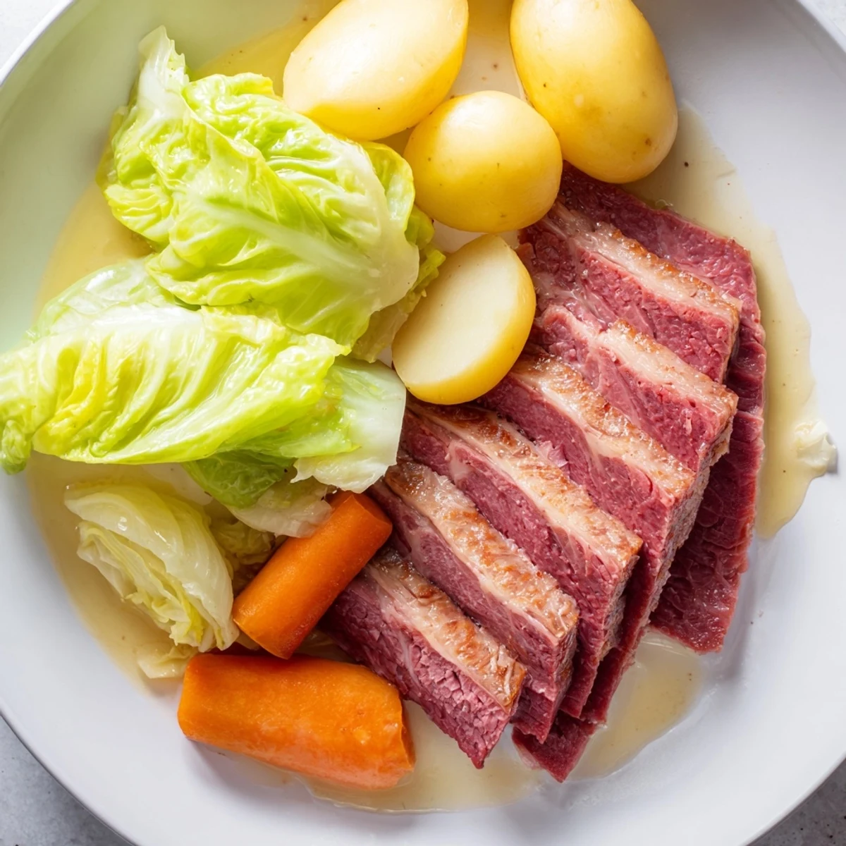Juicy slices of Slow Cooked Corned Beef Brisket with Cabbage, potatoes, and carrots, nestled together on a rustic serving dish.