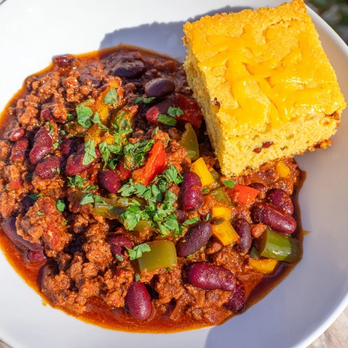 Steaming bowls of Game Day Beef Chili topped with melted cheddar, paired with golden-baked cheesy cornbread squares on a rustic table.  