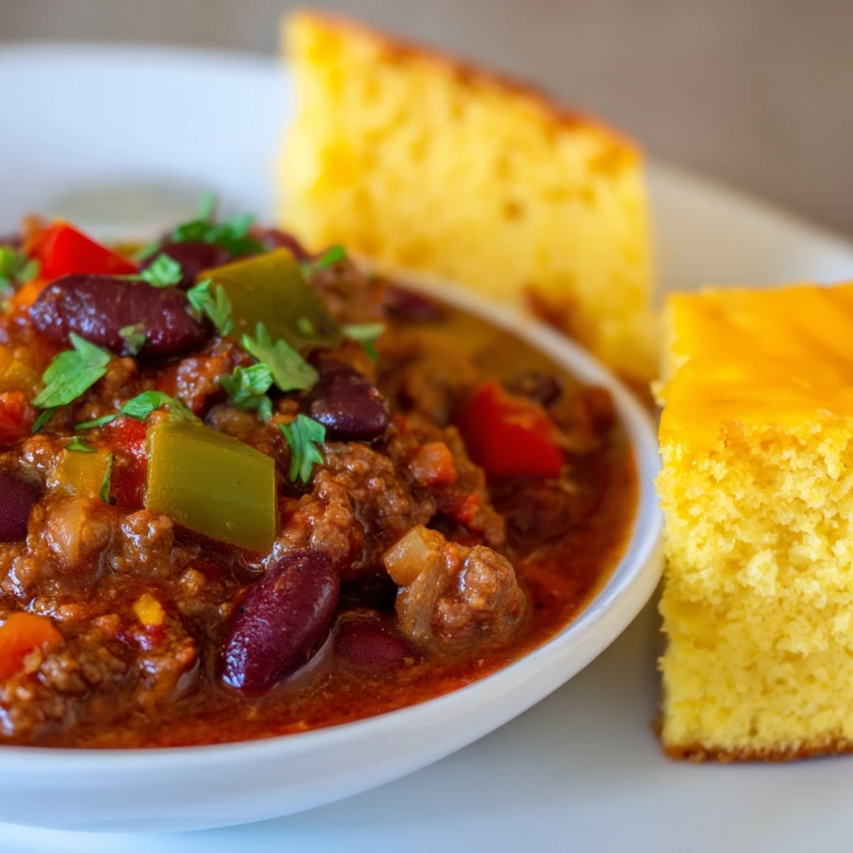 Hearty beef chili with beans and spices served alongside tender cheddar cornbread, perfect for a cozy, game day gathering.  