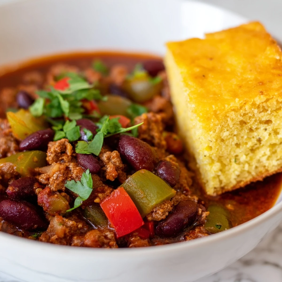 Warm, flavorful Game Day Beef Chili ladled over crumbly cheddar cornbread, garnished with fresh cilantro and a dollop of sour cream.