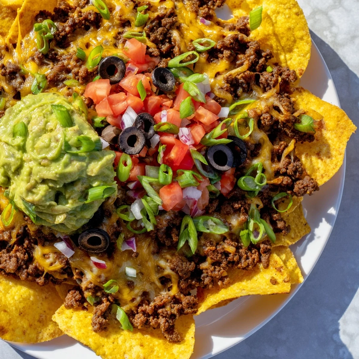 A hearty platter of Spicy Beef Nachos Supreme with Fresh Guacamole, topped with black beans, olives, and diced tomatoes, ready for a party.