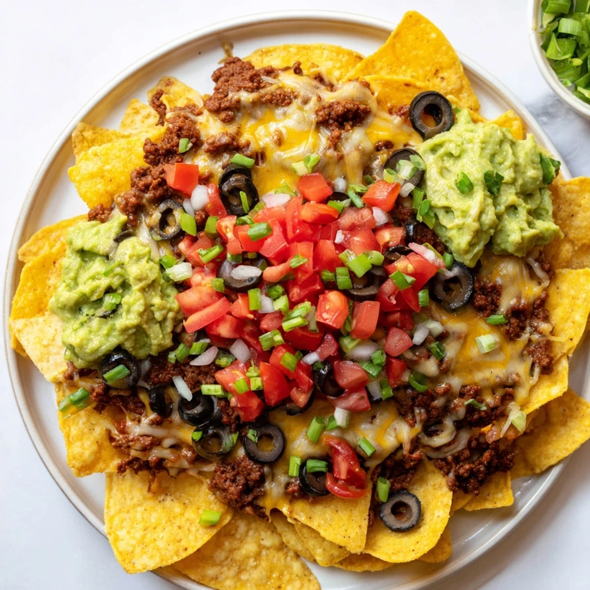 Sizzling Spicy Beef Nachos Supreme with Fresh Guacamole, served hot from the oven with a side of creamy avocado dip and fresh cilantro.