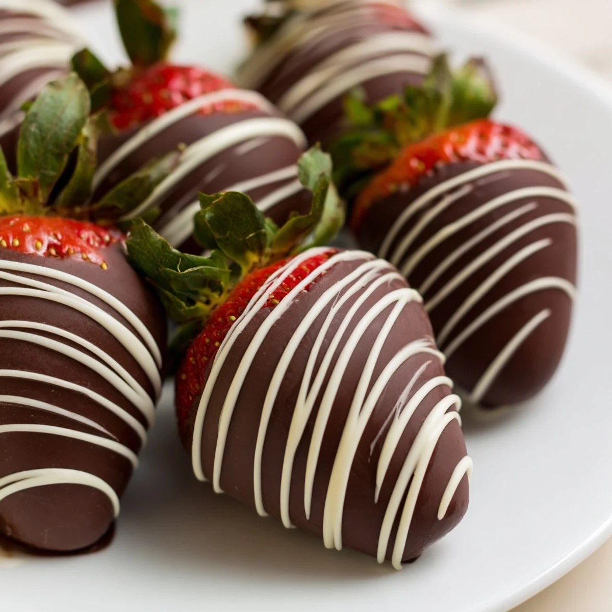 Glossy Chocolate Dipped Strawberries with White Drizzle rest on parchment, with fresh stems and rich dark chocolate coating visible.