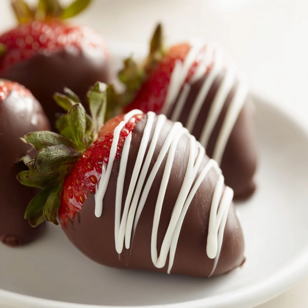 Artfully arranged Chocolate Dipped Strawberries with White Drizzle show decorative white lines, perfect for a romantic dinner dessert platter.