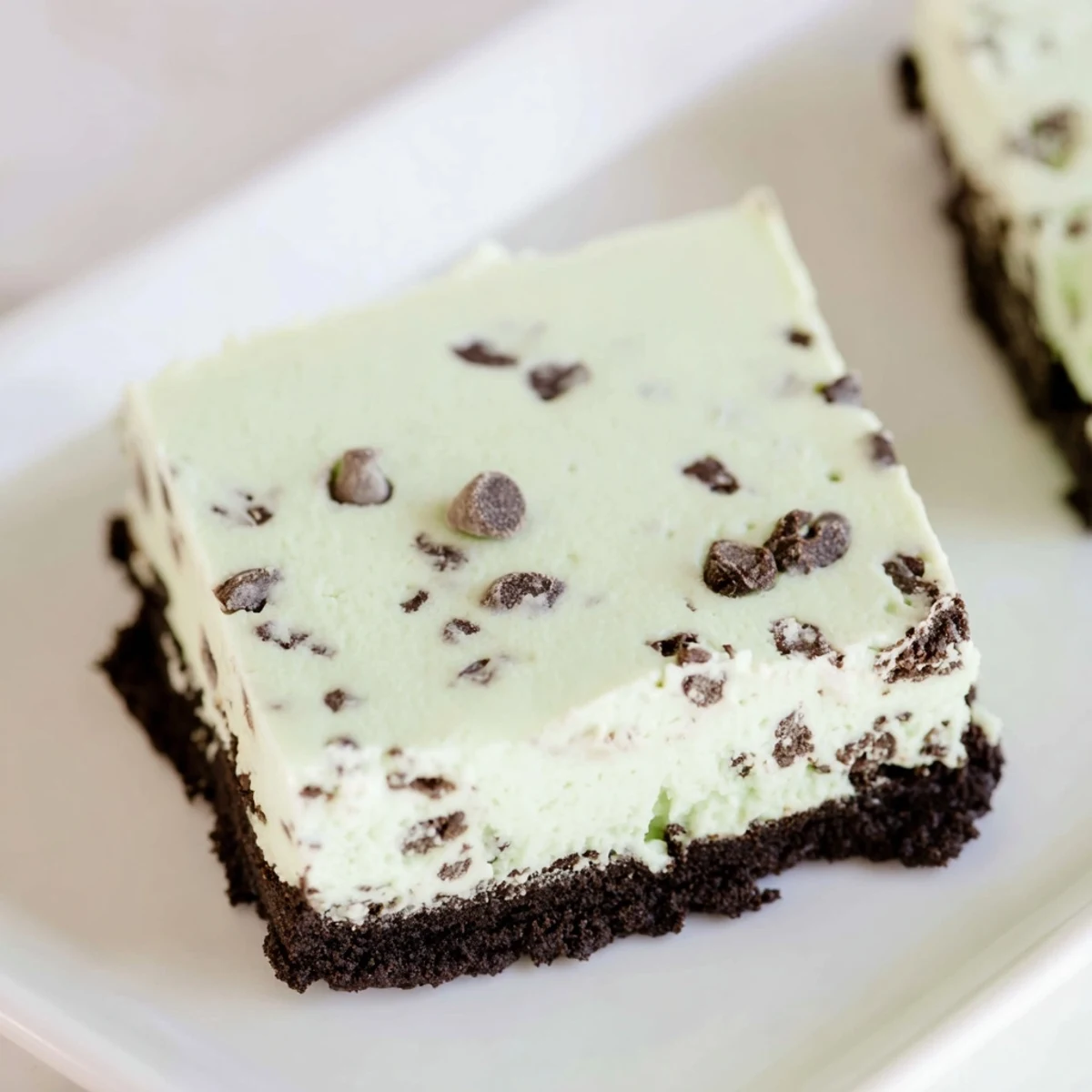 Freshly cut Mint Chocolate Chip Cheesecake Bars reveal a creamy mint filling and rich chocolate cookie crust.