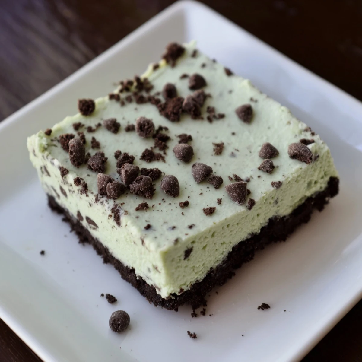 Overhead view of Mint Chocolate Chip Cheesecake Bars on a marble slab, topped with extra mini chocolate chips.