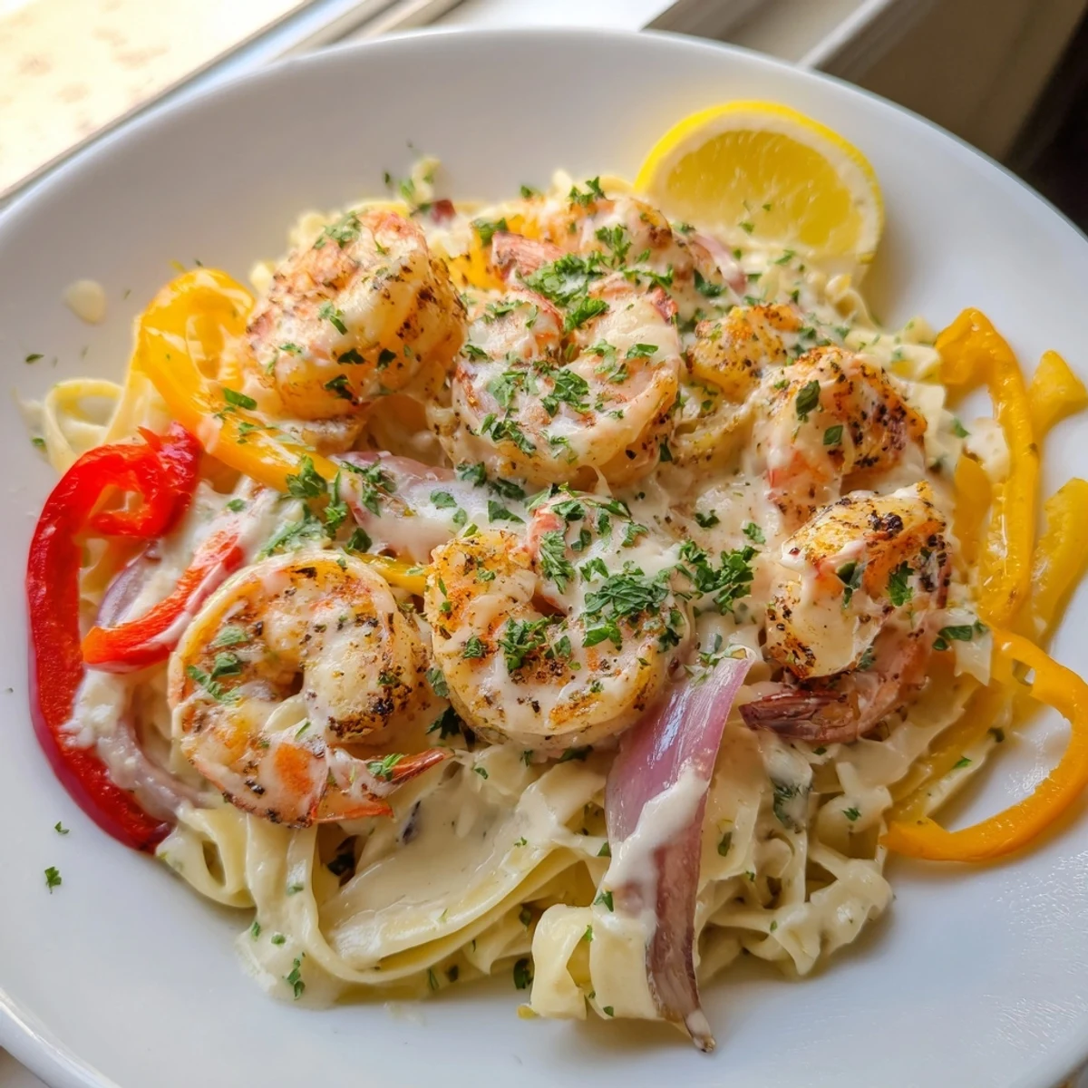Creamy Cajun Shrimp Pasta with Bell Peppers tossed in a rich, spicy sauce, served steaming hot in a rustic bowl.