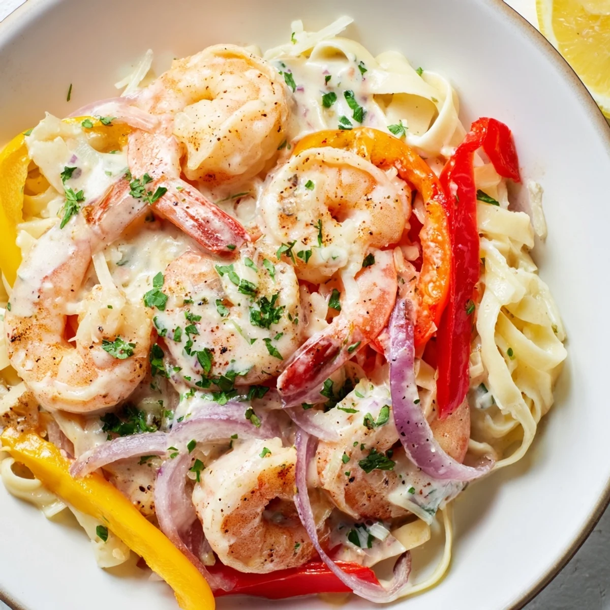 Twirl fettuccine in a creamy Cajun sauce with peppers and shrimp in this Creamy Cajun Shrimp Pasta with Bell Peppers.