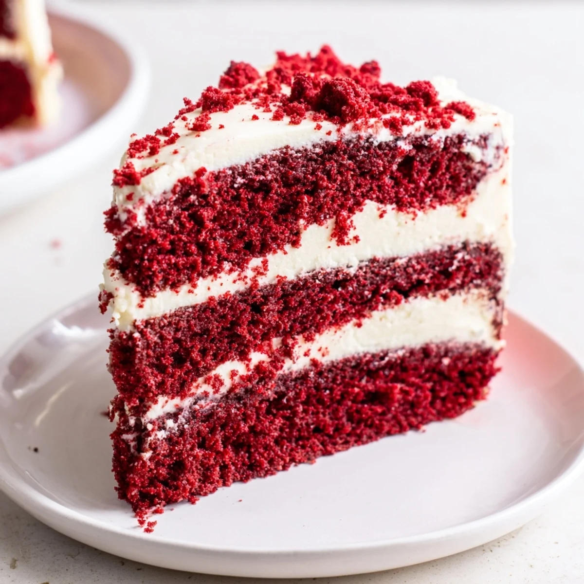 Freshly baked Red Velvet Layer Cake with Cream Cheese Frosting displayed on a white pedestal stand, showcasing vibrant red velvet layers and fluffy white frosting swirls, ideal for American holiday gatherings.