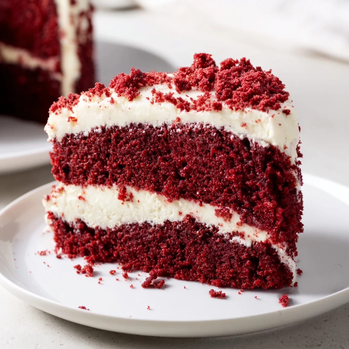 Homemade Red Velvet Layer Cake with Cream Cheese Frosting sliced on a marble cutting board, revealing moist crimson layers paired with a rich white frosting, perfect for birthday party dessert tables.