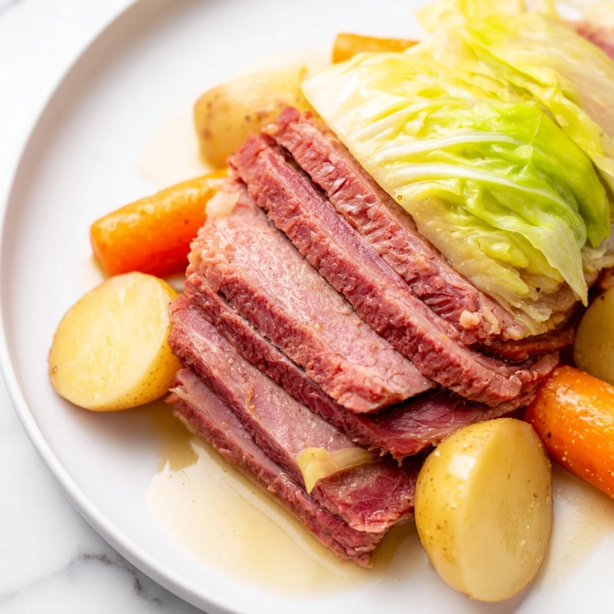 Slow cooked corned beef with cabbage and potatoes served in a rustic bowl with broth.