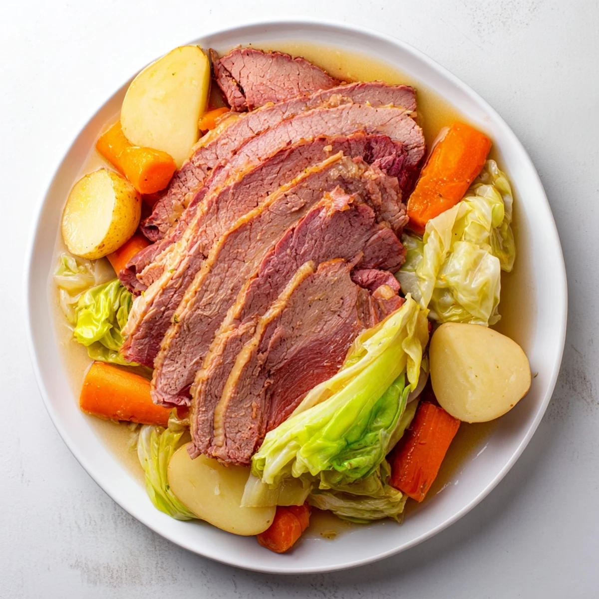 Fork-tender corned beef, potatoes, and cabbage in a warm broth, ready to serve with grainy mustard and rye bread.